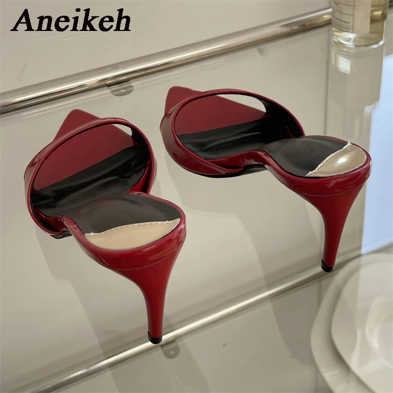 Aneikeh2024 Fashion Sexy PU Shallow Slim High HeelsWomen\'s Pointed Open Toe Outdoor Solid Color Anti slip Sandals Slippers Mules