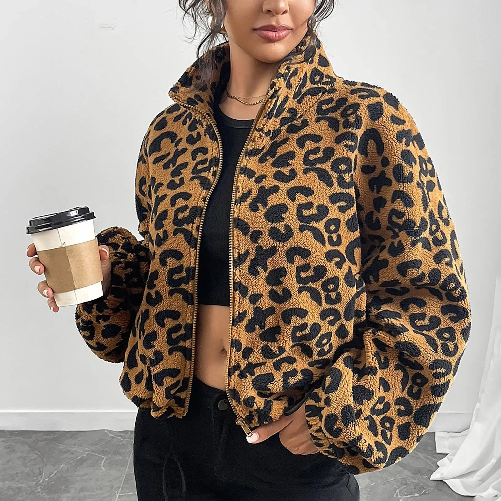 Lampart zapinana na zamek kurtka z długim rękawem bluza polarowa krótki płaszcz jesień/zima damska odzież wierzchnia sweter z zamkiem błyskawicznym płaszcz damski