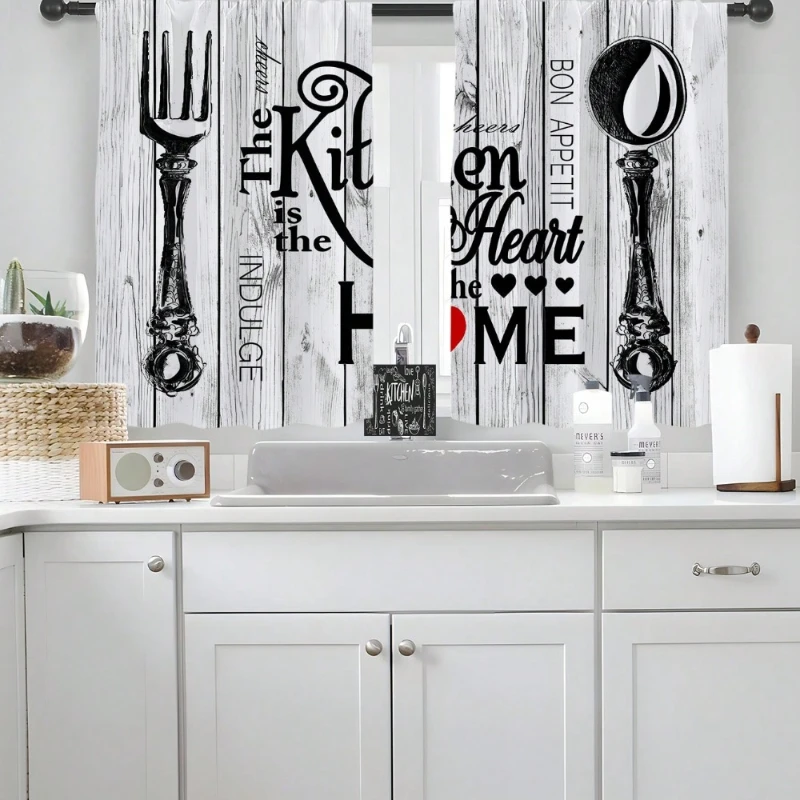 2pcs Fashion Minimalist Knife Fork Text Kitchen Window Curtains Easy Install for Bedroom Study Cafe Living Room Home Decoration