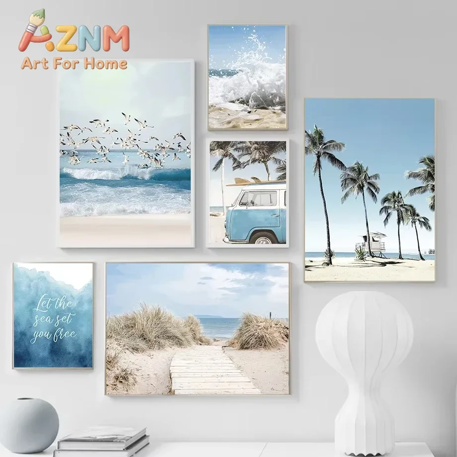 Beach Waves Coconut Trees Seagull Wall Art Canvas Painting Summer Sea View Nordic Poster Prints Living Room Decoration Pictures