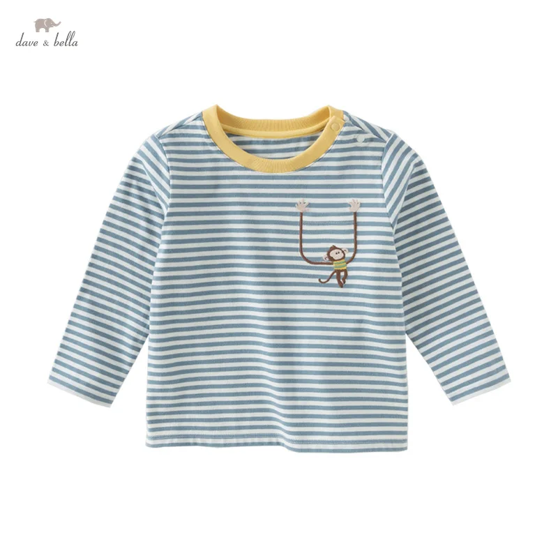 Dave Bella Children's Long-Sleeved Boys Girls Tshirt 2025 New Blue Striped T-Shirt Cotton T-Shirt Casual Wear DB1250458