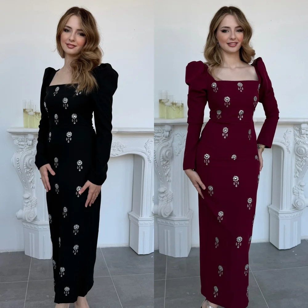 تخصيص الطراز الحديث الكلاسيكي جيرسي حجر الراين الطية مستقيم ساحة الرقبة الكاحل طول فساتين مناسبة مخصصة فساتين الرجعية