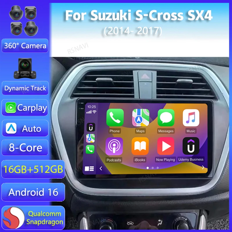 Radio Multimedia para Auto con Android 16, Carplay, WIFI+4G para Suzuki S-Cross SX4 2014 2015 2016 2017, Reproductor GPS Estéreo 2din