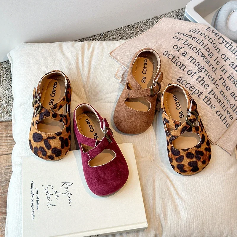 

Fashion Girls Shoes Toddler Kids Cross Strap Mary Jane Flats Child Vintage Leopard Casual Shoes Chic Princess Shoes 21-30