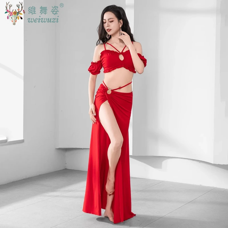 

Belly Dancing Practice Set for Women's Customized Off Shoulder Top+Sexy Split Long Skirt 2pcs Oriental Dance Training Clothing
