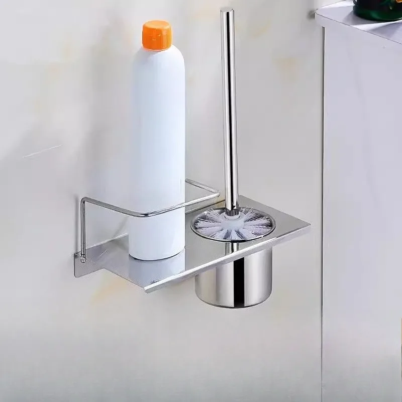 304 Stainless Steel Toilet Brush Set, Creative No Drill Adhesive Wall Mounted Bathroom Cleaning Tool