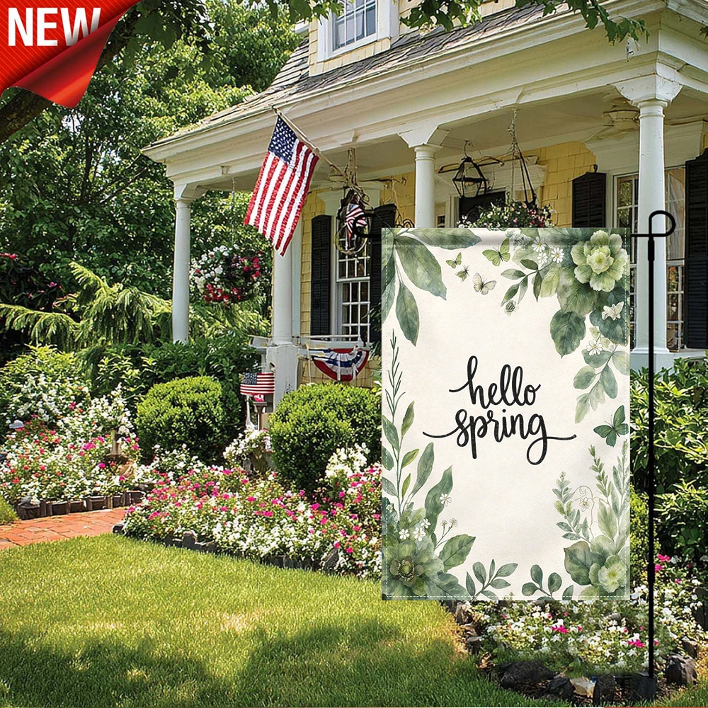 

1PC, Hello Spring Garden Flag Watercolor Greenery Floral Butterfly Print Seasonal Outdoor Decorative Banner Double Sided Weather Resistant Yard Flag for Spring Patio Lawn Porch Farmhouse Holiday Decorations