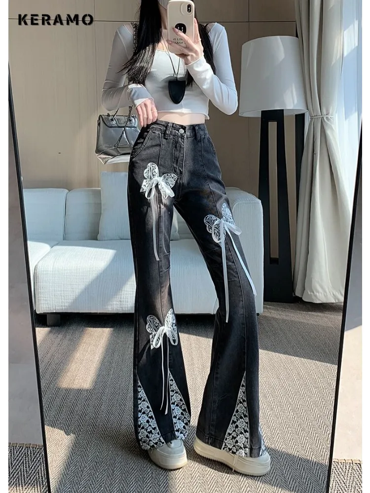 

Сексуальные расклешенные джинсы 2000-х годов с 3D кружевом и бантом, Hotsweet Hight Street, ретро, брюки Y2K, женские лоскутные облегающие джинсовые брюки