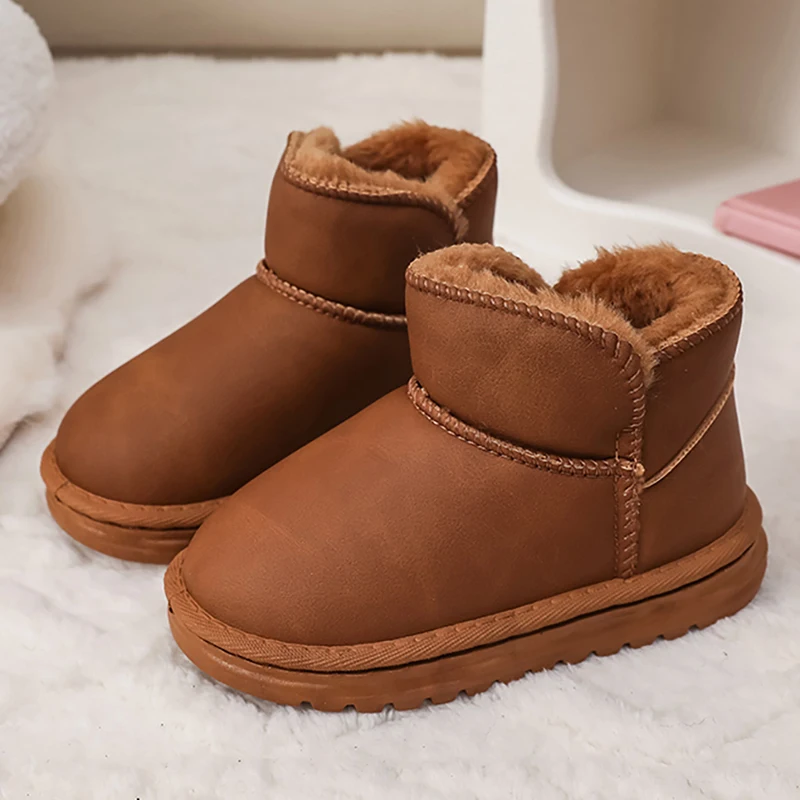 

Winter Plush Boots For Children PU Leather Trend Fashion Teenager Kid's Plush Boots Anti-slippery Waterproot Girl's Snow Boots