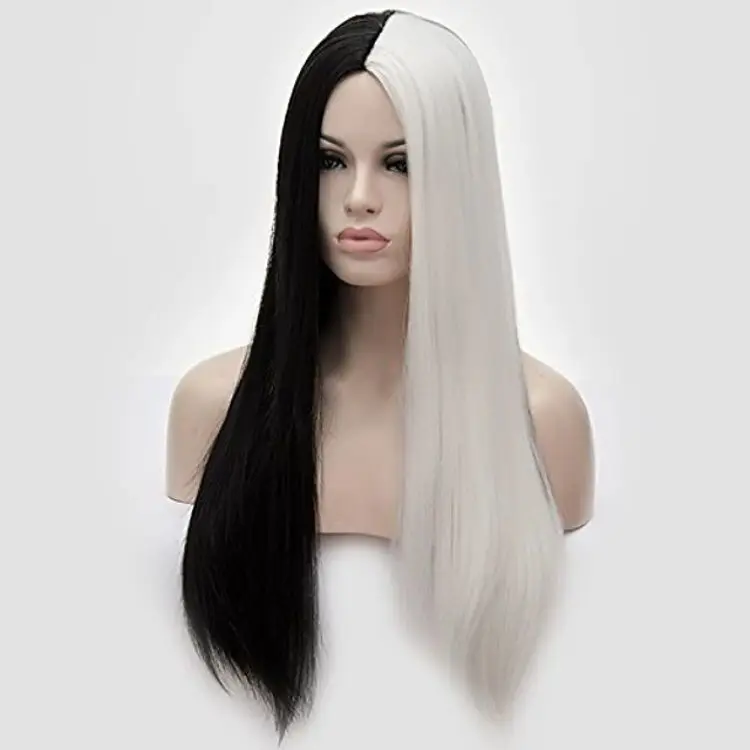 Women Straight Half White Black Two Tone Synthetic Long Party Wig