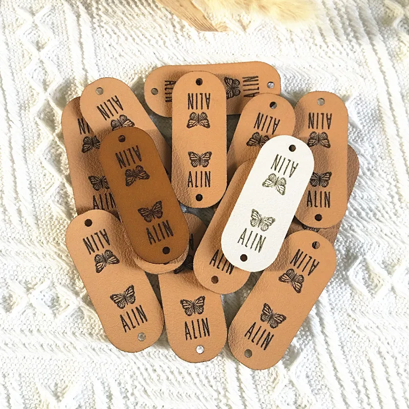 30pcs Handmade label personalized logo text Folding leather tags for Knitting garment Sewing crochet clothing labels Accessories