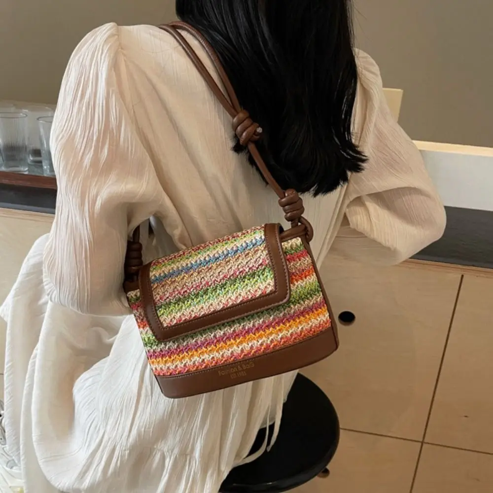 

Trendy Large Capacity Weave Bag Shopping Bag Colorful Straw Bag Fashion PU Leather Bohemian Shoulder Bag Girls