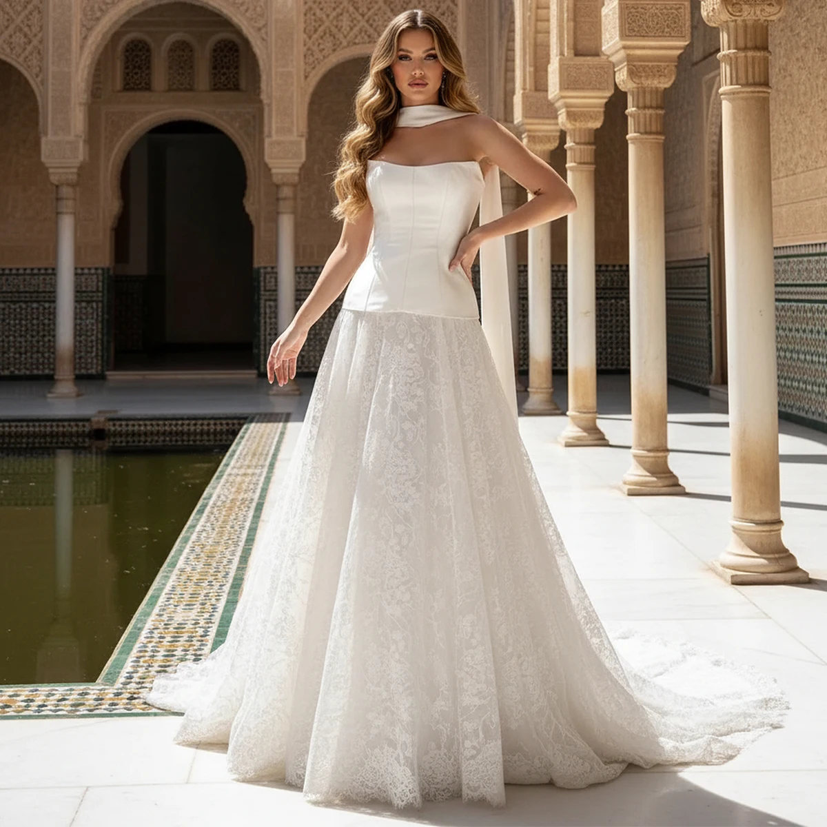 

Elegant Lace Wedding Dress Bodice for Women Long Pleated Bridal Gown with Train Ball Gown Style for Bride