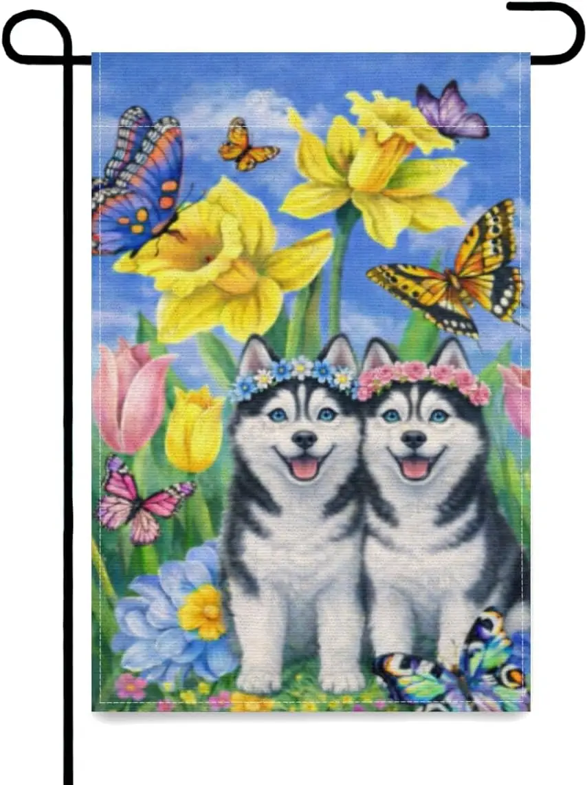 Colorful Floral Spring Garden Flag with Husky Double Sided Outside Yard Decoration Small Yard Flag 12x18 Inch Porch Lawn Dec ZZM