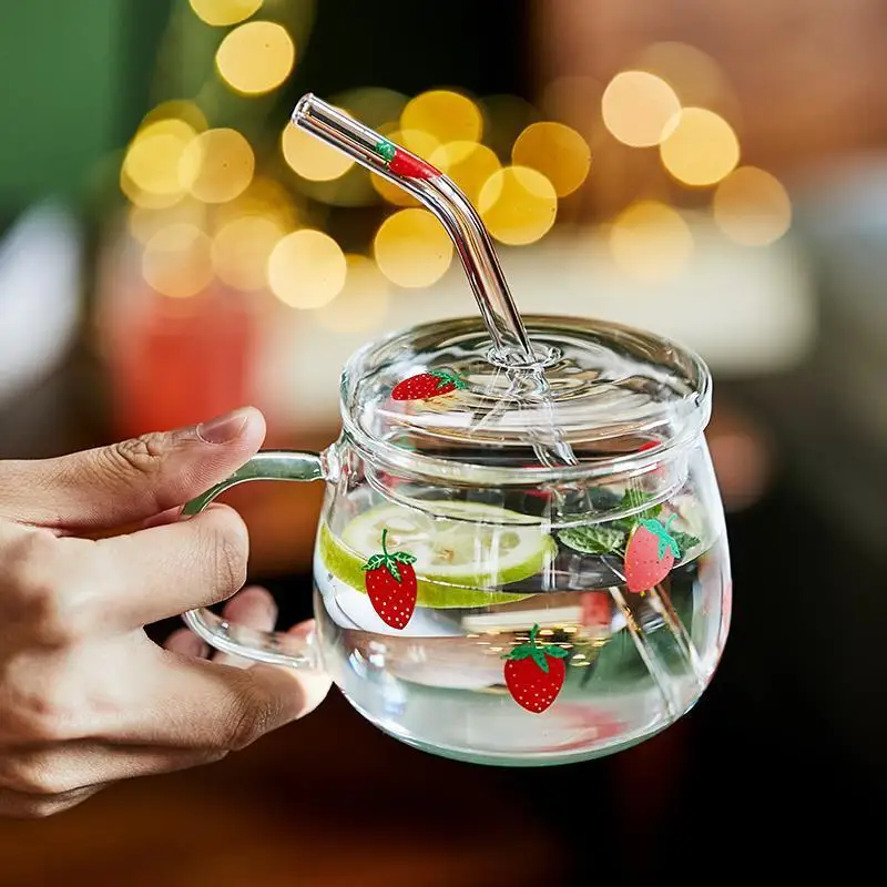 Cute Strawberry Glass  Heat Resistant Coffee Milk Water Cups With Lid and Straw Clear Cute Juice Smoothie Cold Drinks Straw Cup