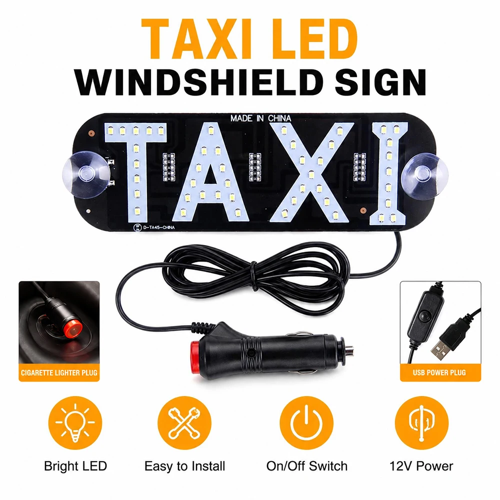 Taxi LED Windshield Sign 12V Car Taxi Light Panel with Suction Cups USB Cigarette Lighter On Off Switch