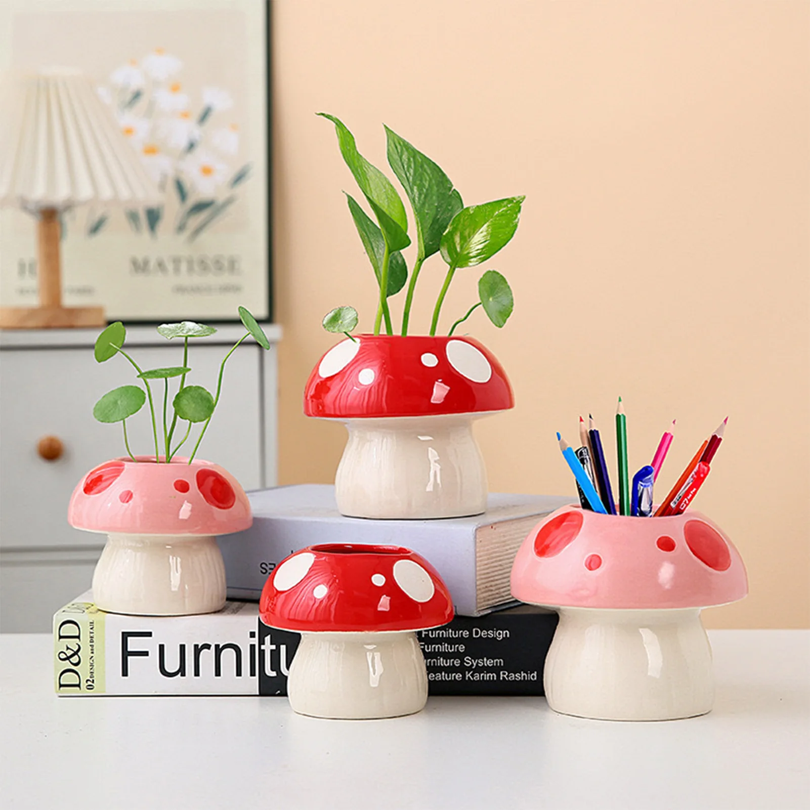 Ceramic Mushroom Shaped Hydroponic Vases Nordic Modern Flowerpot Planter Pen Holder for Desktop Decorations