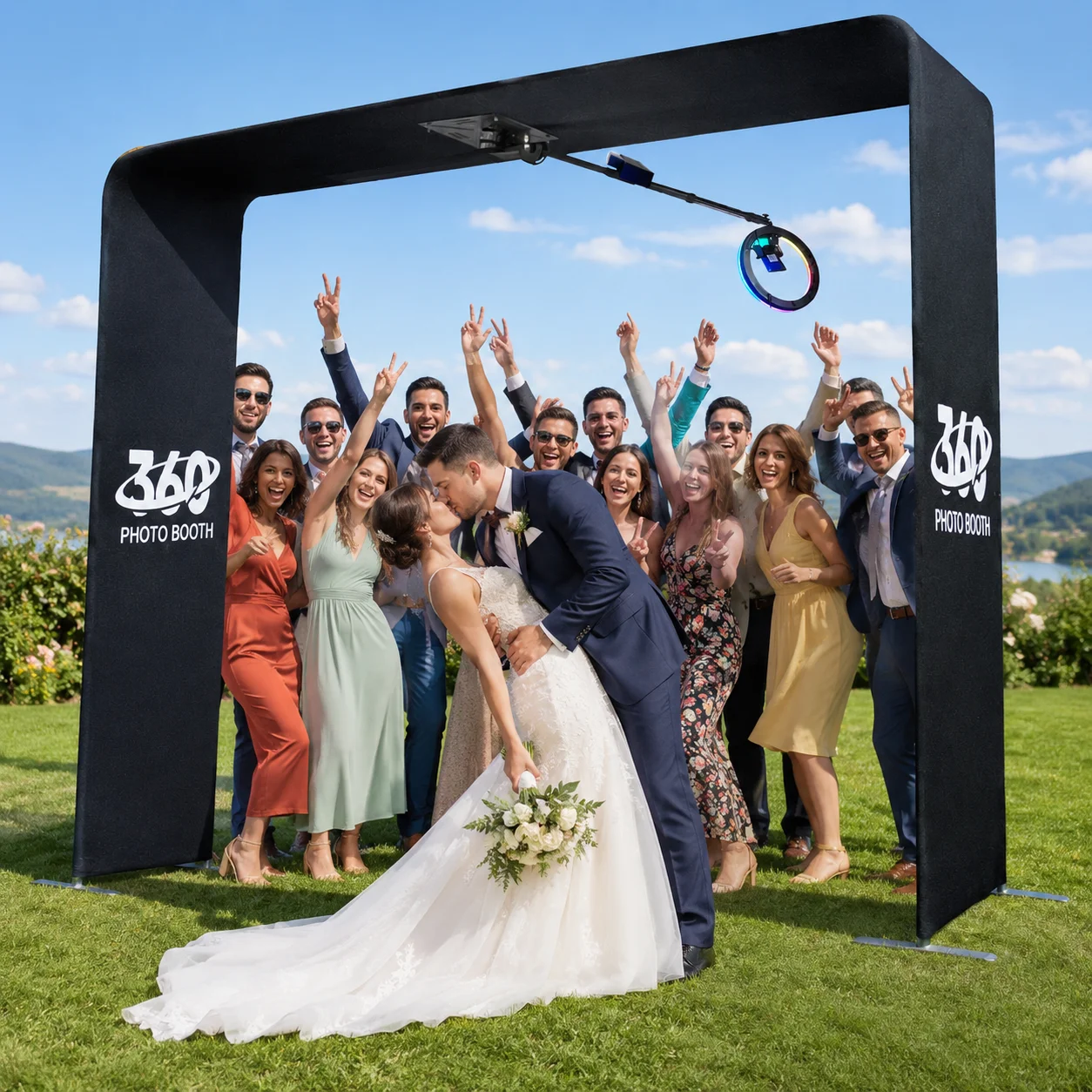 Cabina de fotos giratoria de 360 grados con proyección de video, ángulo de video ajustable y anillo de luz LED para bodas y fiestas.