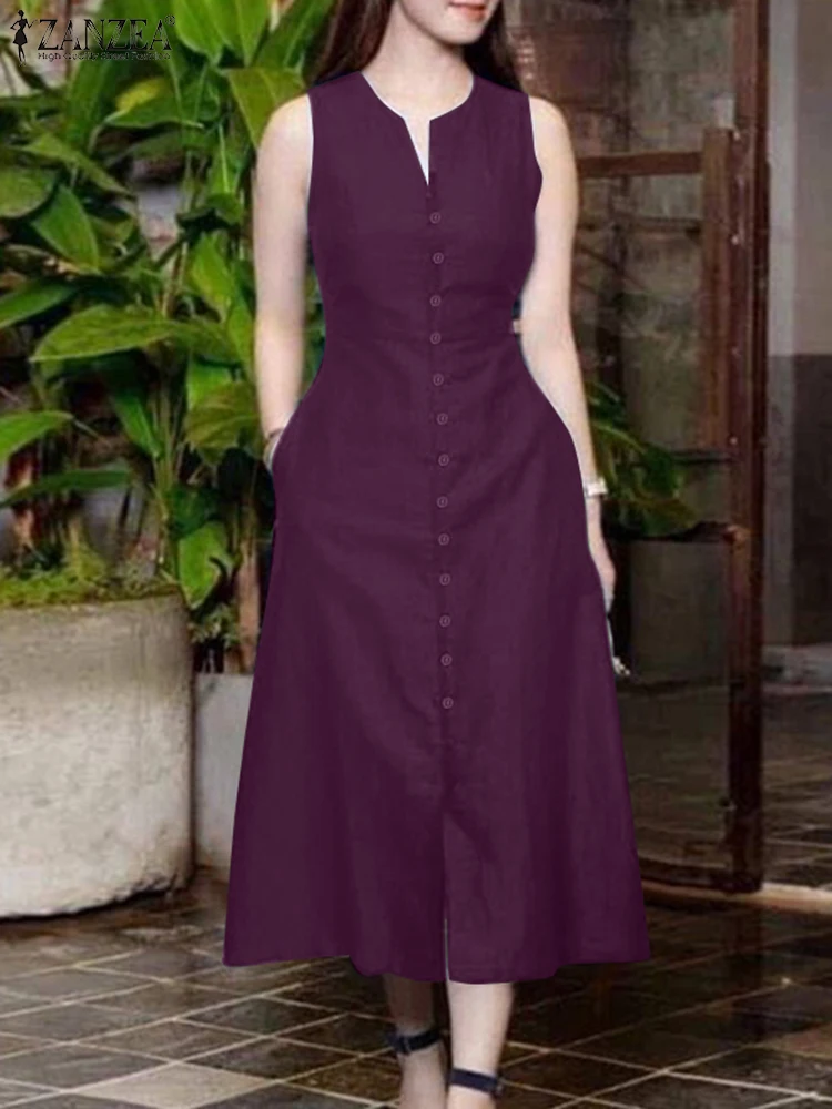 ZANZEA Stylowa Letnia Sukienka na Lato 2025 Damska Elegancka Sukienka do Pracy Jednolita Dekolt V Bez Rękawów Sukienka Midi na Wakacje Vestidos Robe Femme