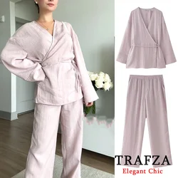 TRAFZA Women's 2-piece Retro Textured Double-breasted Kimono Style Coat + Elastic Waist Pockets And Pajama Style Loose Trousers