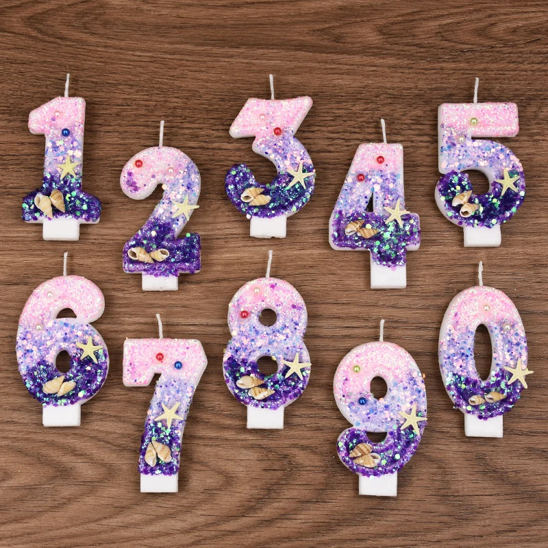 Gradient 3D Number Cake Decorating Candles Glitter  Digital Candles Cake Topper Mermaid Theme Birthday Party Decoration Candle