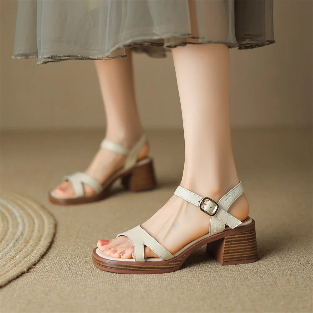 Taoffen Brand Casual Sandals Genuine Cow Leather Block Square Heel Women Roma Sandals Open Toe Retro Buckle Strap Lady Shoes