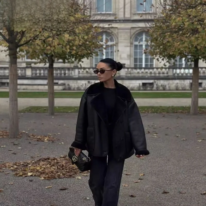 Double-Sided Leather-and-Fur Jaet Autumn 2024 Women's Faion Buttoned Versatile Outerwear Commute Sle Loose Fit Long Sve