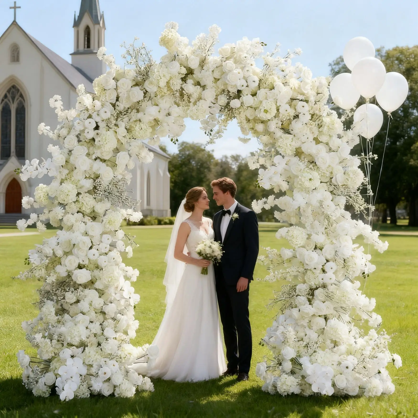 Customized Size Romantic U-Shape Arch Artificial  White Roses and Baby's Breath Arch for Wedding Decorations