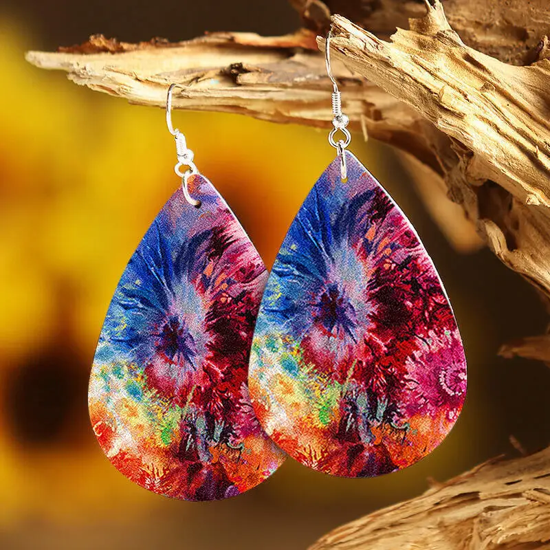 New Teardrop Leather Double Sided Printed Colorful Charming Earrings for Moms Women Girls as Gift