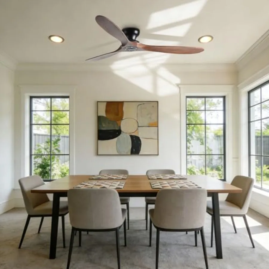 Bedroom/Farmhouse/Patio/Indoor use, solid wood, natural wood color, 52in flush mount ceiling fan with remote and 6 speeds, no l
