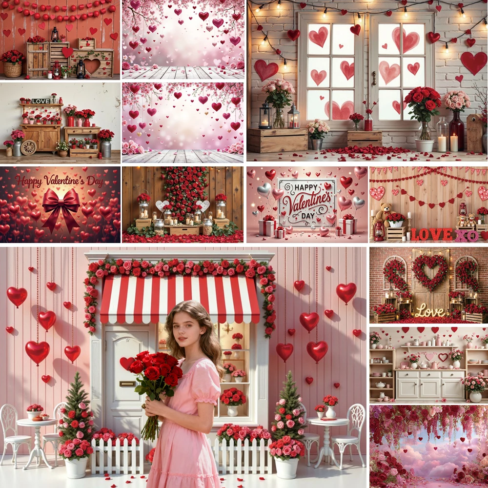 

MOON.QG Sweet Love Valentine'S Day Photography Background Pink Florals Cloudy Sky Wooden February 14 Backdrop Couple Accessories