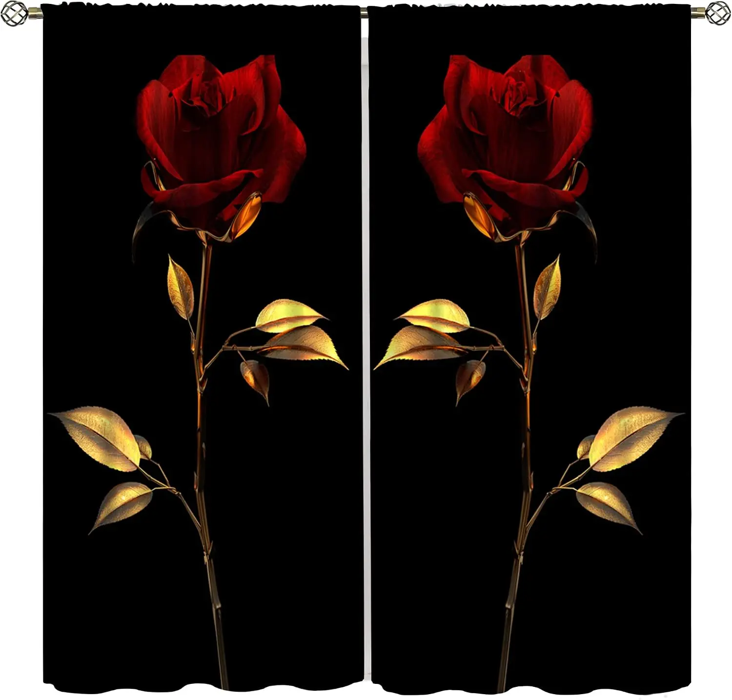 Single Red Rose Golden Stem Leaf Black Background Blackout Rod Pocket Curtain Luxurious Romantic Elegant Bedroom Rest Bay Window