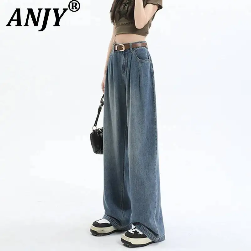 

ANJY Autumn Women HongKong Style Fashion Simple Wide-Leg Straight Jeans Stylish Zipper Versatile Comfortable Casual Pants A10904