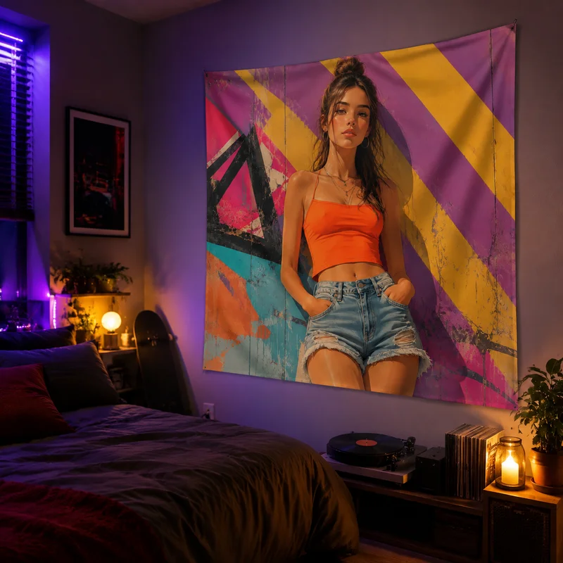 VIKAMA Millennium Street Girl Tapestry, Retro Graffiti Wall Hanging, Denim Shorts “Hot Girl” Print Wall Hanging, Home Decor