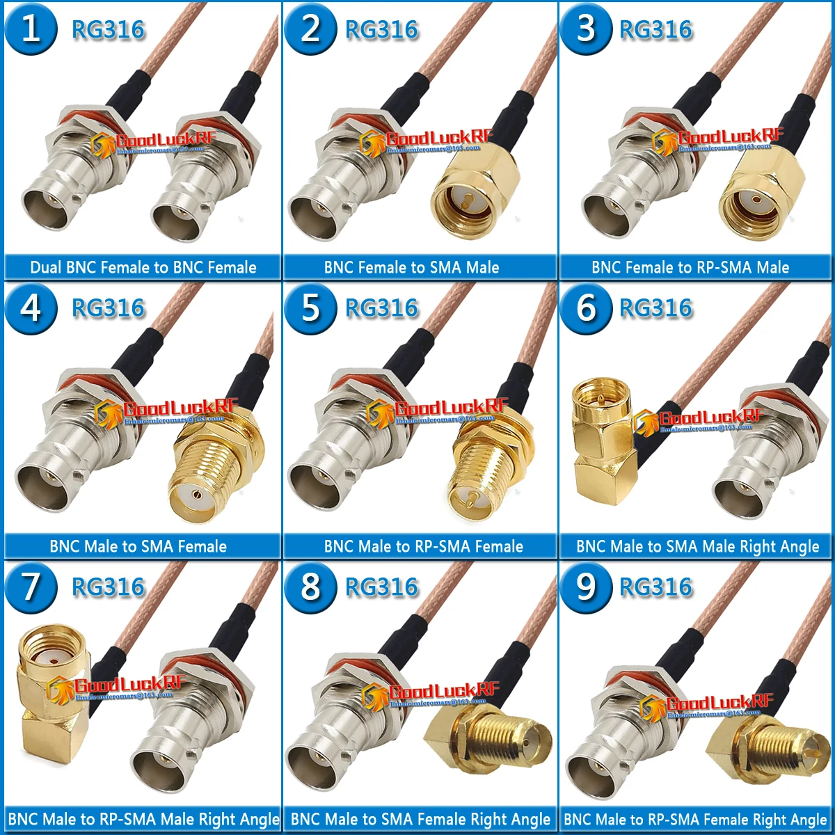 

Kit set Q9 BNC Female Waterproof Bulkhead Washer Nut to RP-SMA RP SMA Female Right Angle 90 Degree Pigtail Jumper RG316 Cable