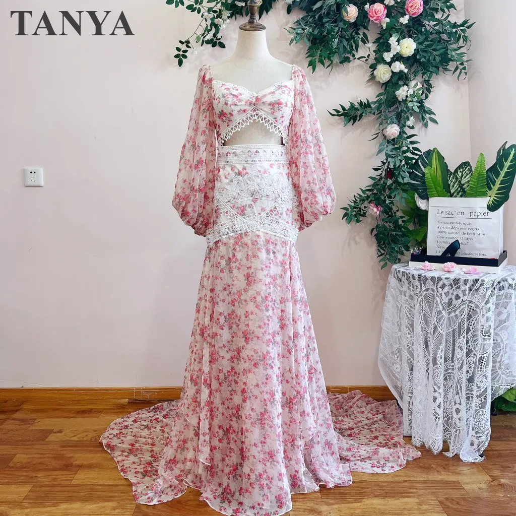 Vestidos longos boêmios de seda chiffon, estampa floral, mangas completas, corte, trompete abdominal, vestido de noiva