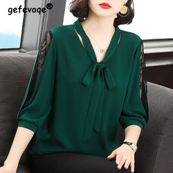 Sexy Lace Patchwork Elegant V Neck Bow Solid Loose Fashion Ladies Tops Blouses New Spring Summer Simple Casual 3/4 Sleeve Shirts