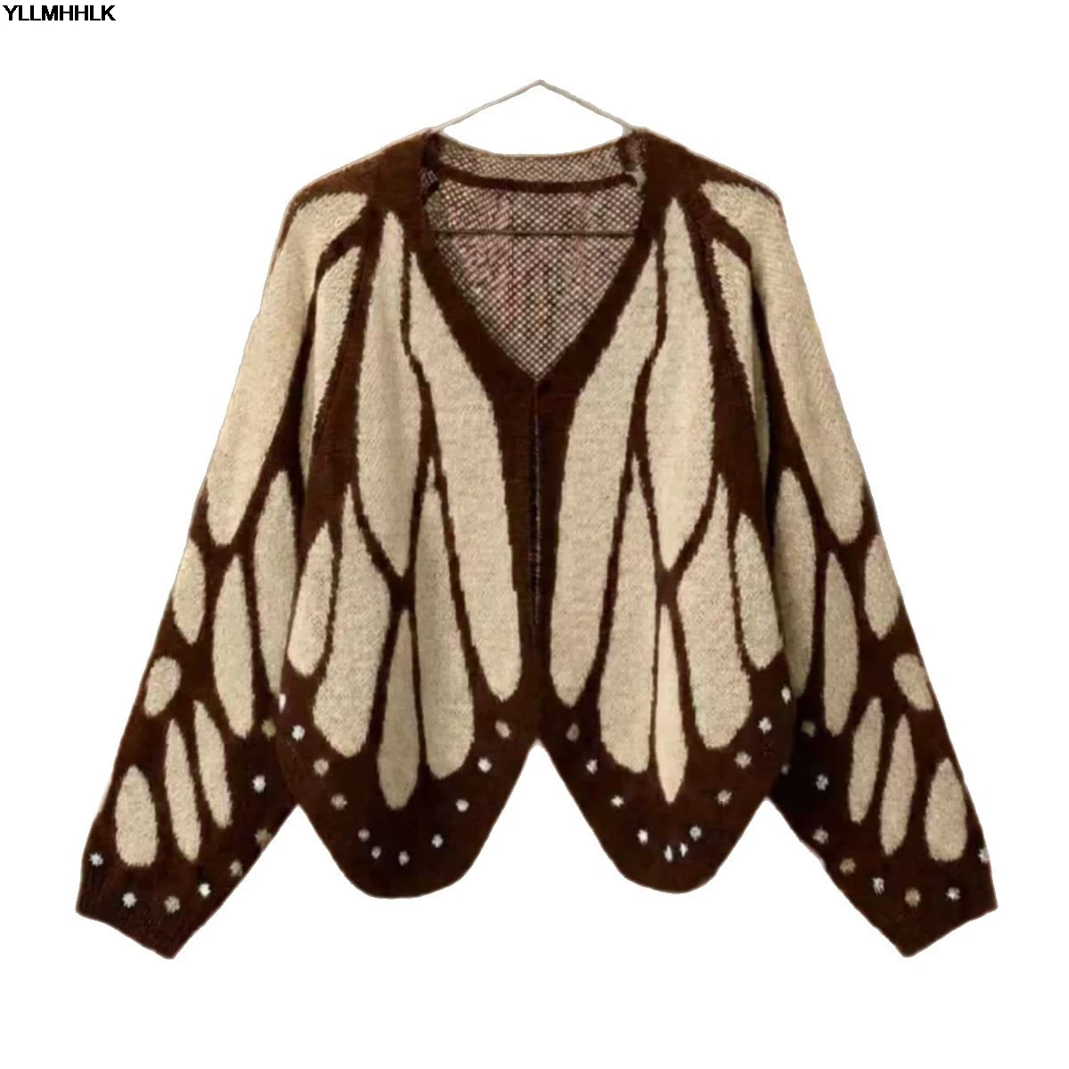 Autumn Cropped Butterfly Wing Knit Cardigan Women Monarch Butterfly Pattern Long Sleeve Open Front Short Knitted Sweater Jacket