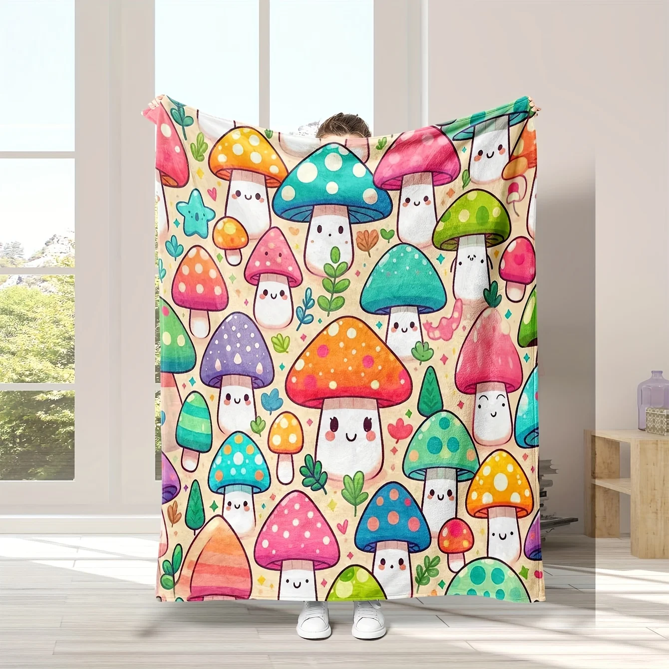 1pc Digital Print Whimsical Mushroom Throw Blanket, Lightweight Ultra-Soft Cozy Flannel, Warm Bedroom Sofa Decor, Reversible All