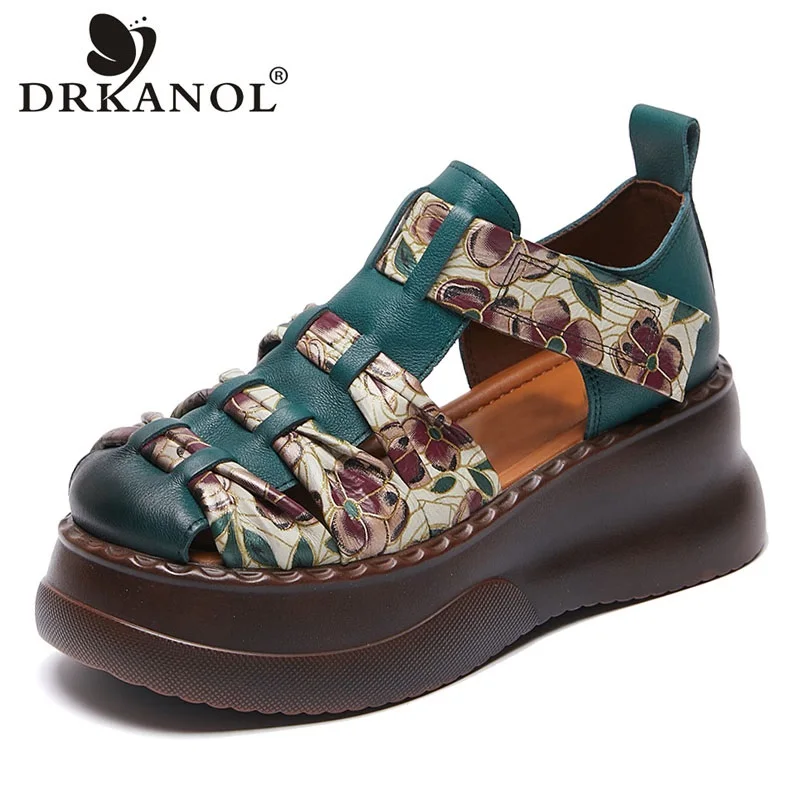 

DRKANOL National Style Women Wedges Sandals Summer Round Toe Platform Shoes Ladies Genuine Leather Printing Mixed Colors Sandals