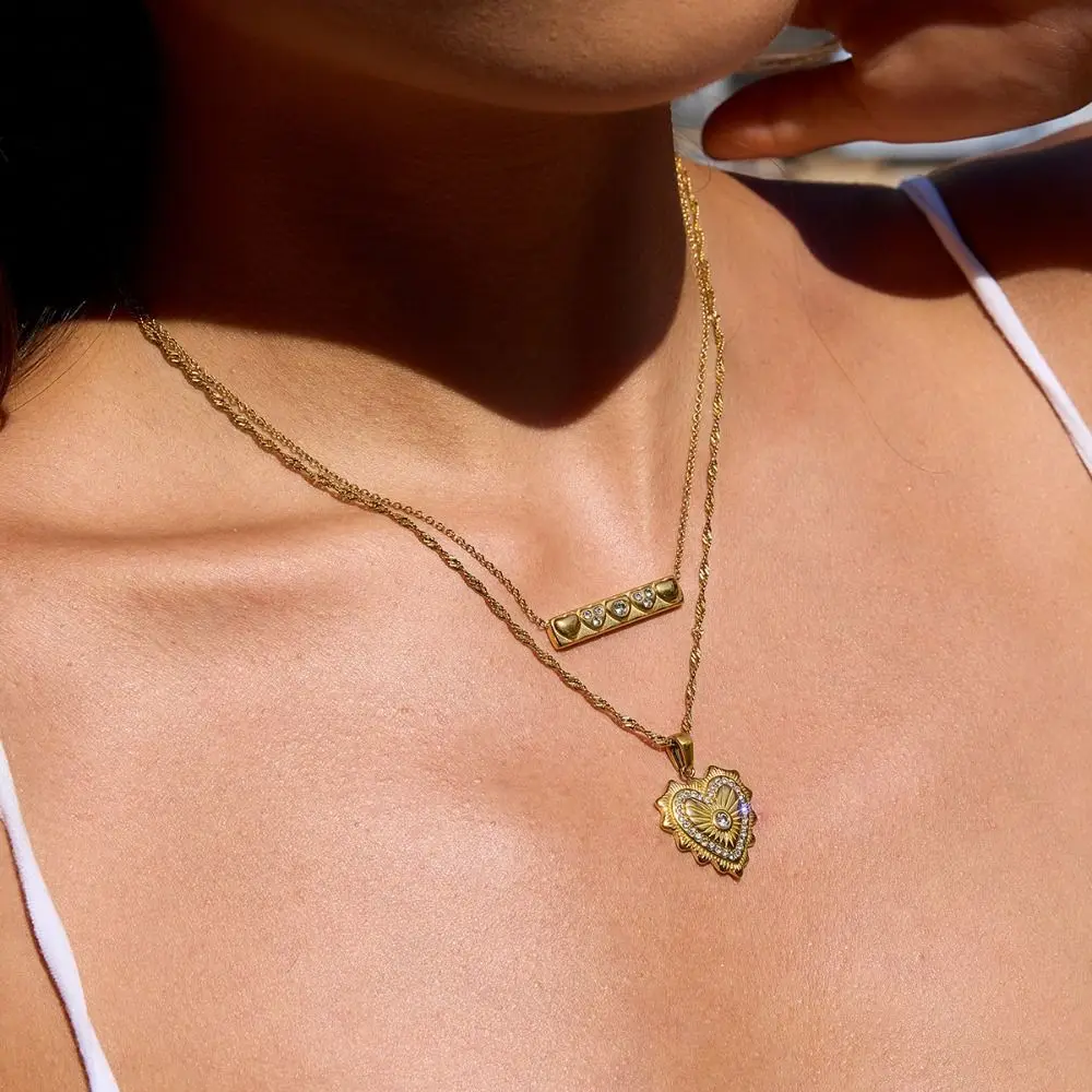 

Sweet Charm Rhinestone Ribbed Love Pendant Titanium Steel Handmade Double Stacked Neck Chain Vintage Aesthetic