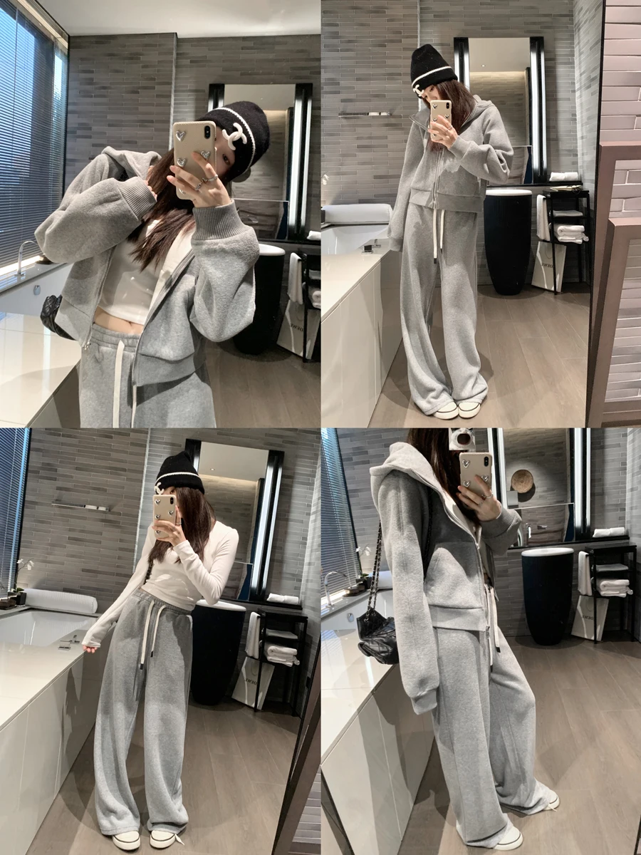 

Gray Fleece Lined Hoodie And Pants Set Women's Sportswear Casual American Style Autumn Winter New Arrival Drawstring Hat