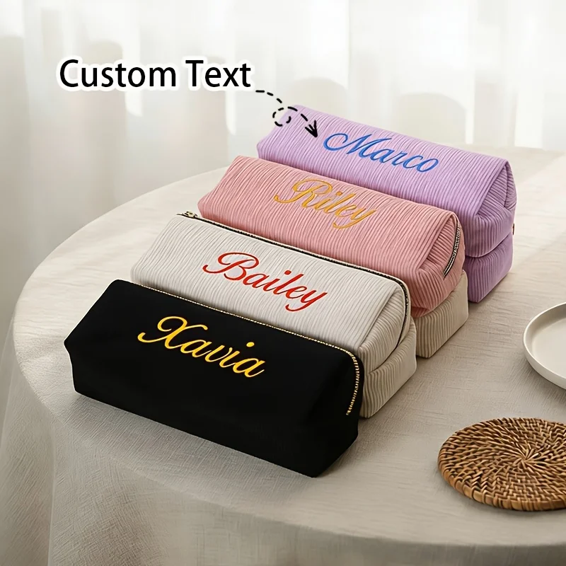 Embroidered Name Toiletry Cosmetic Bag, Personalized Corduroy Makeup Bag, Bridesmaid Proposal Gift, Wedding Party Gift for Her