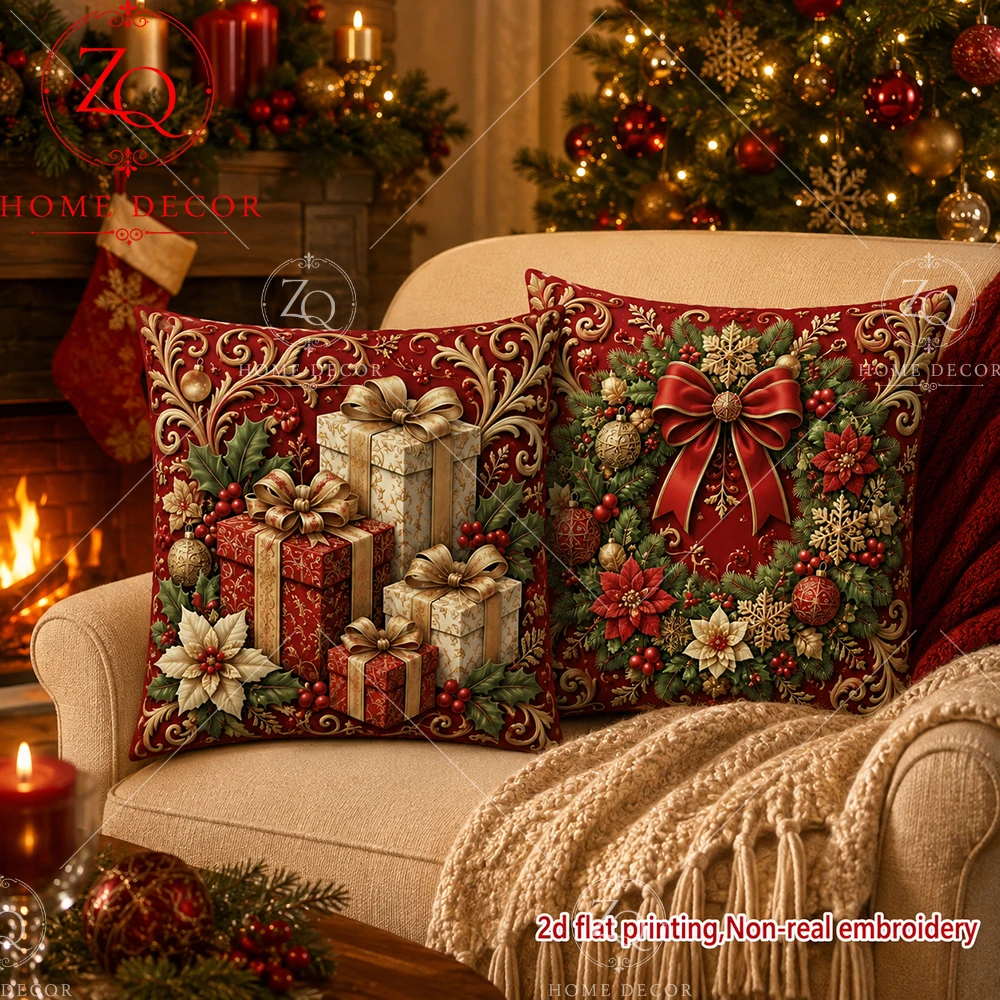 Merry Christmas Cushion Cover 2D Flat Printed Peach Skin Gift Boxes Pillowcase Festive Home Decor For Sofa Couch Bed Living Room