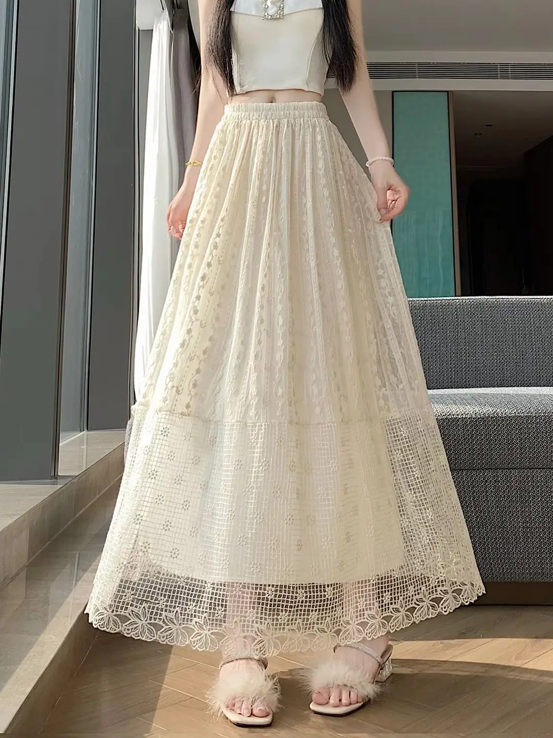 

Women's Lace-Panel Midi Skirt New Summer Style High-Waisted Embroidery Hollow out A-Line Elegant Tulle Skirt