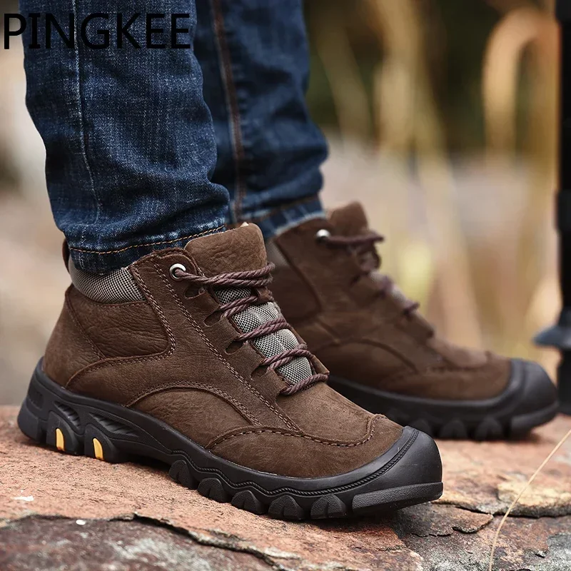 PINGKEE Nubuck Cow Leather Upper Fur Lining Men Casual Shoes Trekking Backpacking Sneakers For Men's Winter Snow Hiking Boots