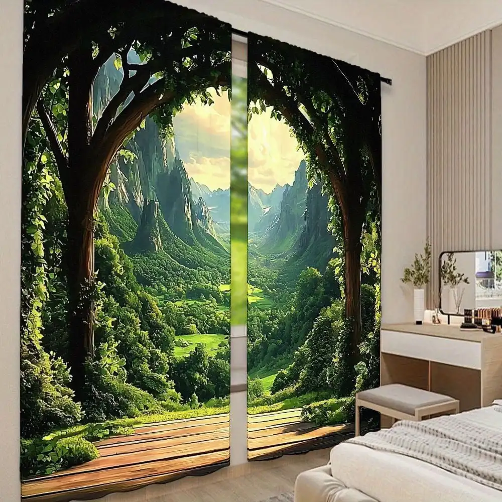 2pcs Curtains Peach Skin Polyester Mountain Valley Nature Scenic View Light Filtering Living Room Bedroom Home Decor Drapes