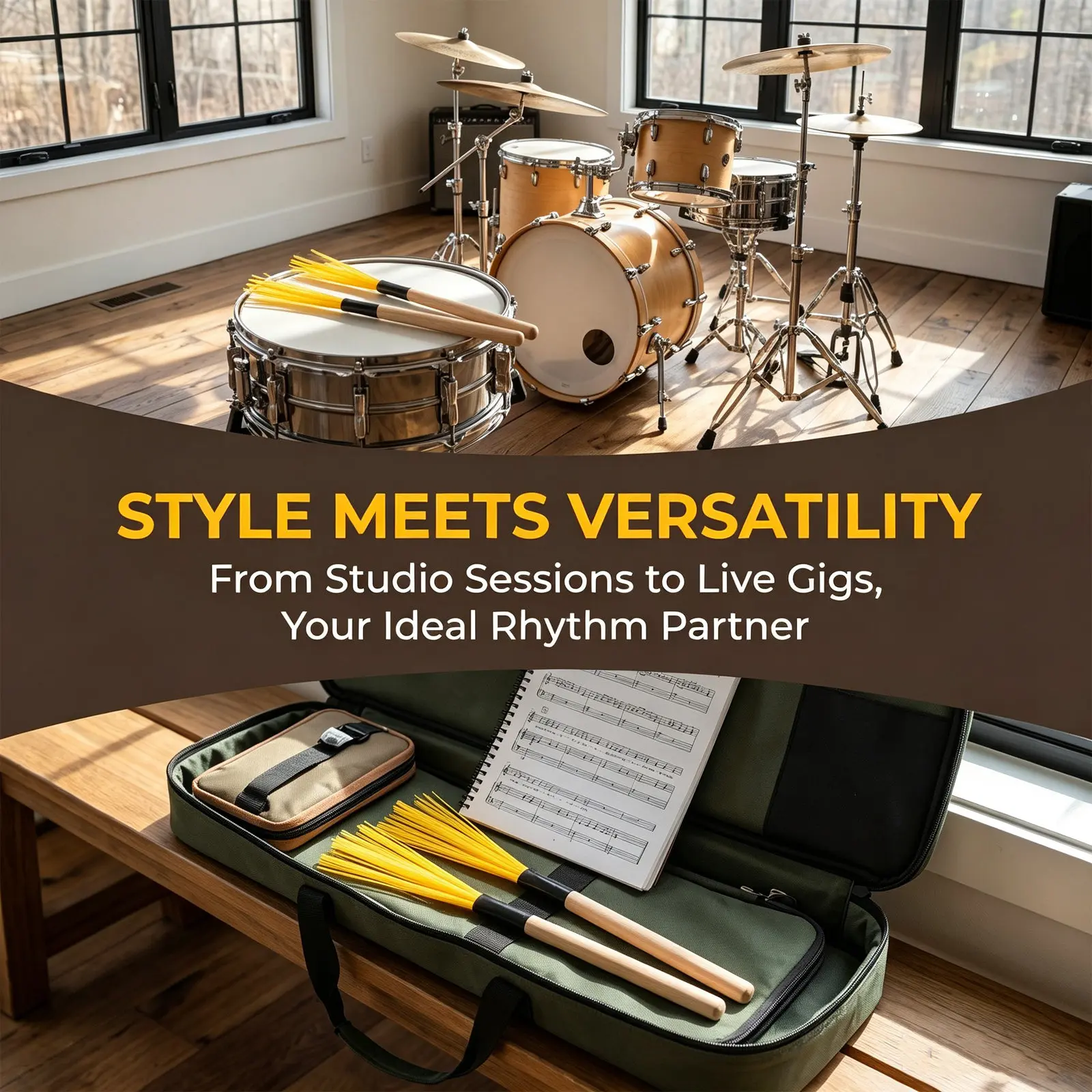 1Pair Nylon Drum Brushes Wooden Handle Yellow Jazz Snare Brush Sticks Drum Percussion Accessories for Band Practice Performance