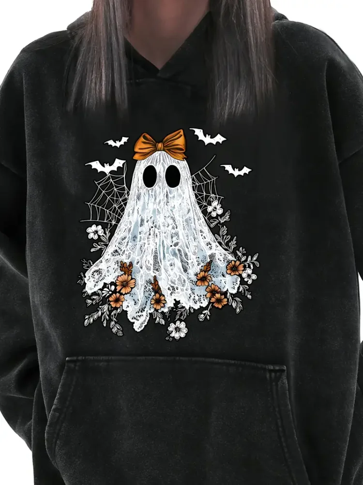 

Женская толстовка с капюшоном «Призрачный Хэллоуин», пуловер с длинными рукавами, с бантами и цветами, повседневная осенне-зимняя мода на сезоны
