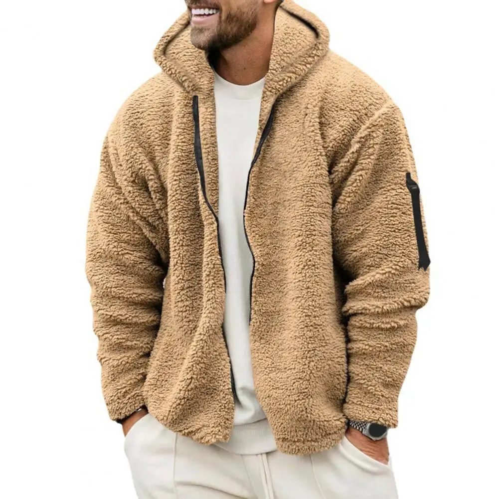 Winter Fleece Jacket Hooded Men's Coat Thick Plush Zipper Closure Pockets Warm Cold Resistant Mid Length Jacket